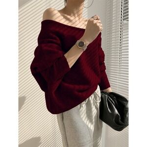Commense Off Shoulder Knit‎ Sweater Sleeve Pullover Top Red size XS